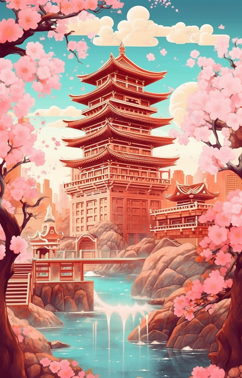 蓝天白云城市古风建筑桃花花瓣飘落溪流流水插画,插画/手绘图,插画/手绘图库,插画/手绘图下载,插画/手绘